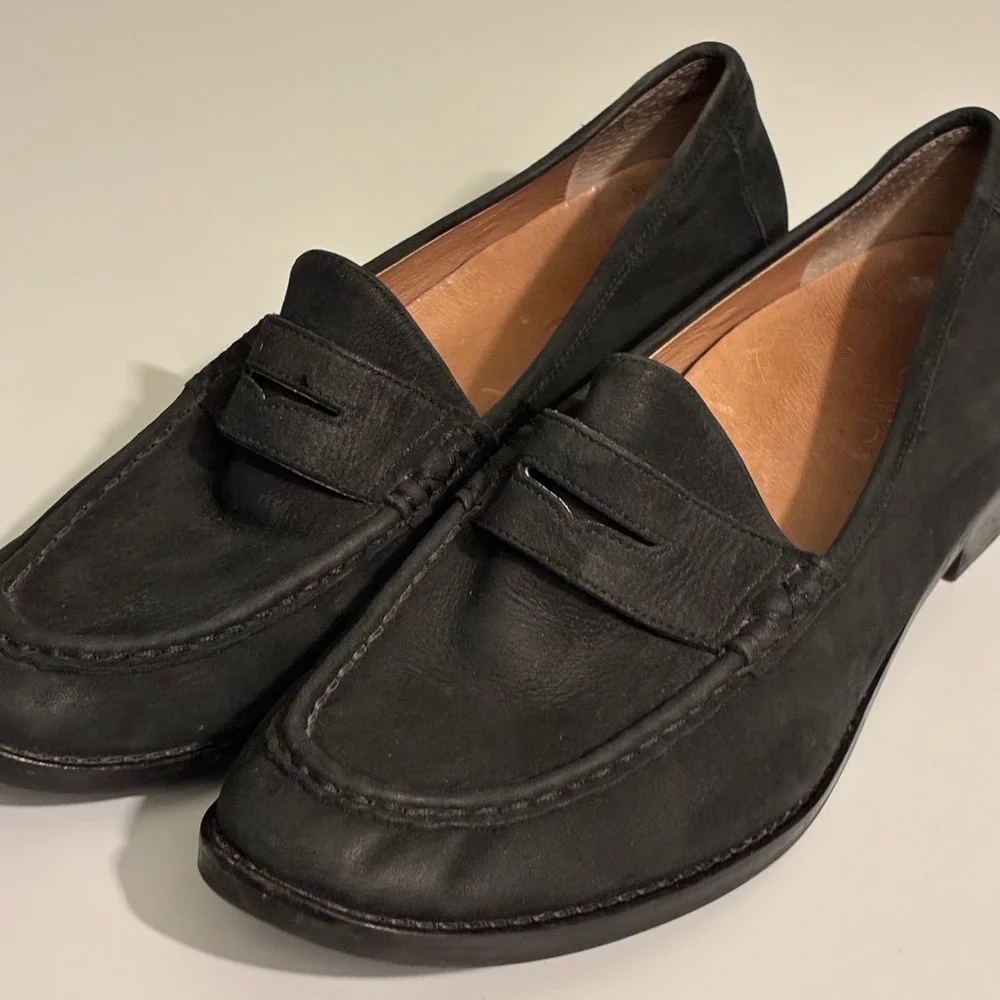 Vionic Womens 8.5 Waverly Black Nubuck Leather Penny Loafers Slip On Shoes